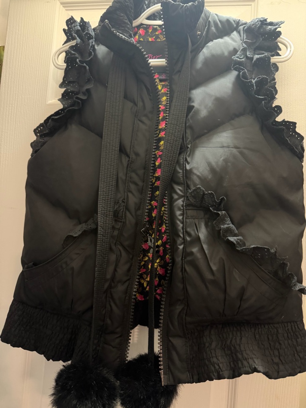 Betsey Johnson Black Quilted Ruffle Puffer Vest with Pom-Pom Ties